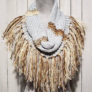 NEW Hand Knitted Gray Silver Beige Metallic Infinity Boho Cowl Scarf Fringe Knit